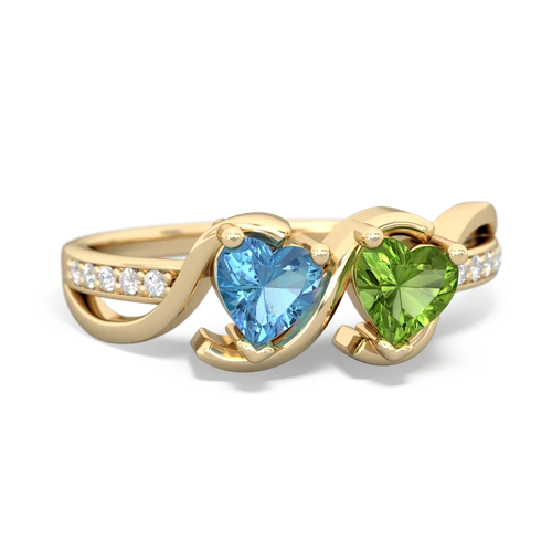 blue topaz-peridot double heart ring