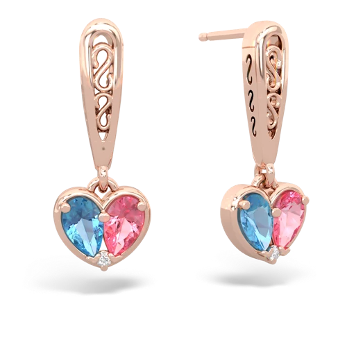 blue topaz-pink sapphire filligree earrings