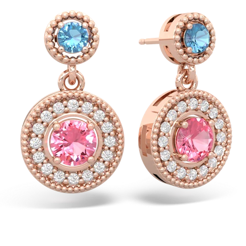 blue topaz-pink sapphire halo earrings