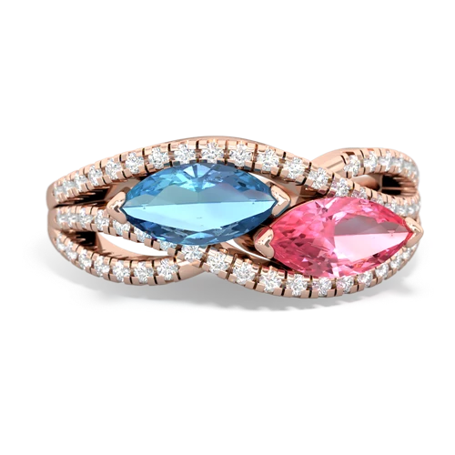 blue topaz-pink sapphire double heart ring