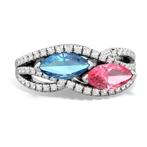 blue topaz-pink sapphire double heart ring