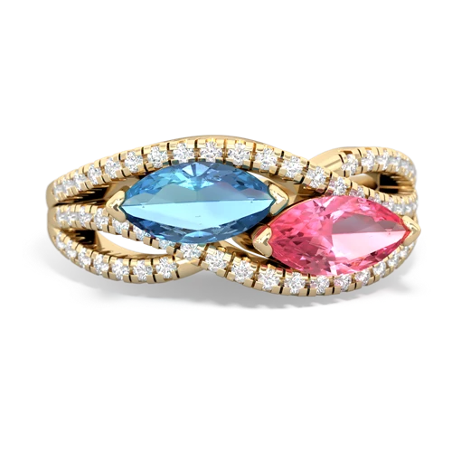 blue topaz-pink sapphire double heart ring