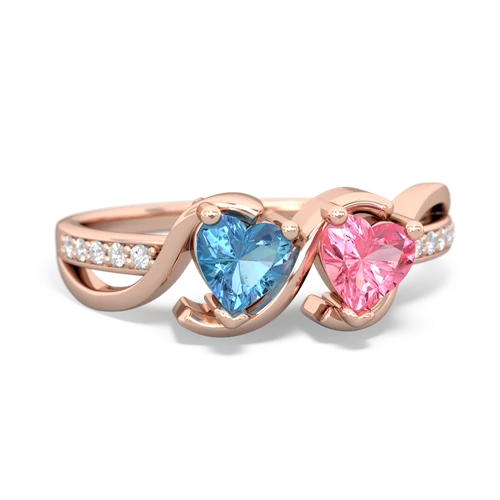 blue topaz-pink sapphire double heart ring