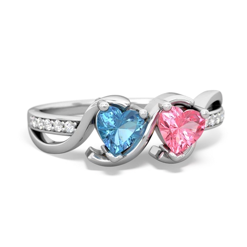 blue topaz-pink sapphire double heart ring