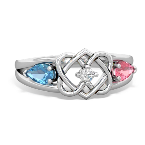 blue topaz-pink sapphire double heart ring