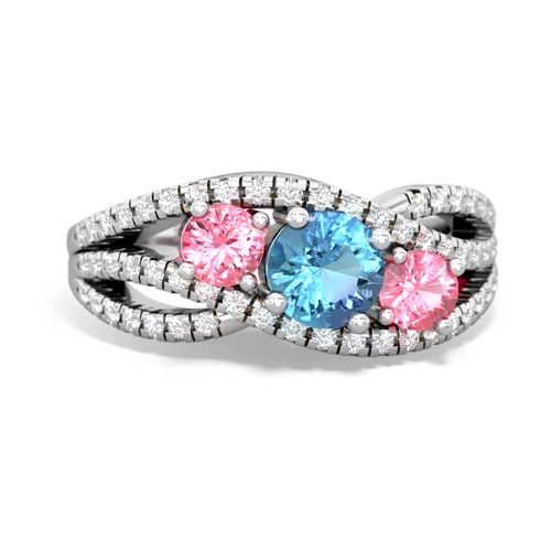 blue topaz-pink sapphire three stone pave ring