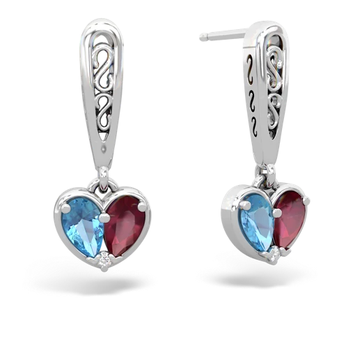 blue topaz-ruby filligree earrings