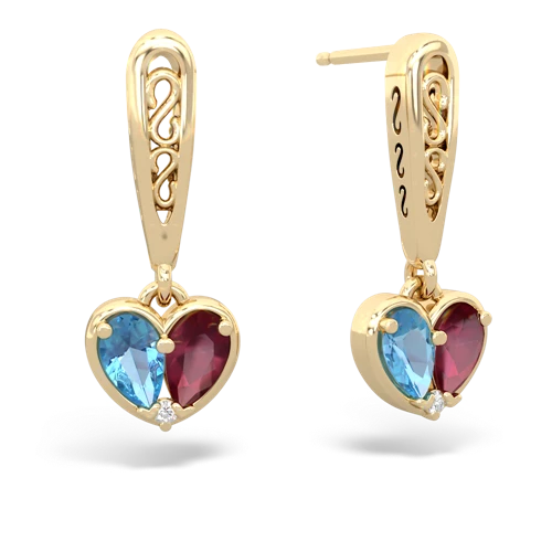 blue topaz-ruby filligree earrings