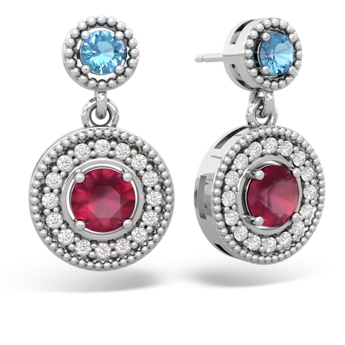 blue topaz-ruby halo earrings