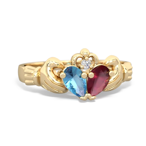 blue topaz-ruby claddagh ring