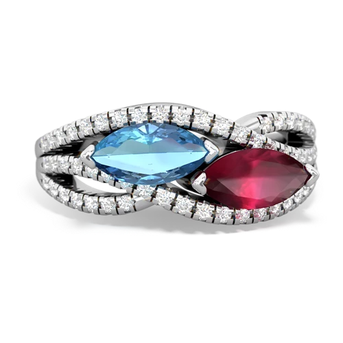 blue topaz-ruby double heart ring