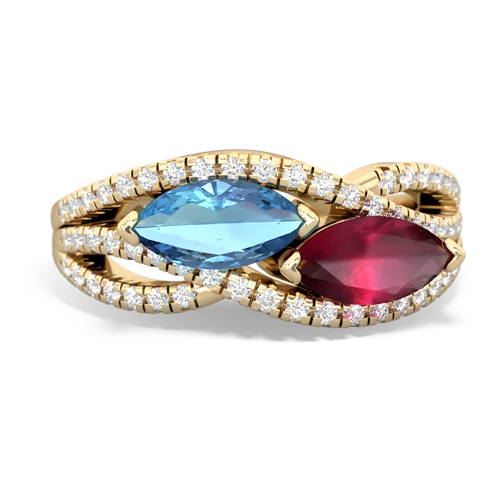 blue topaz-ruby double heart ring