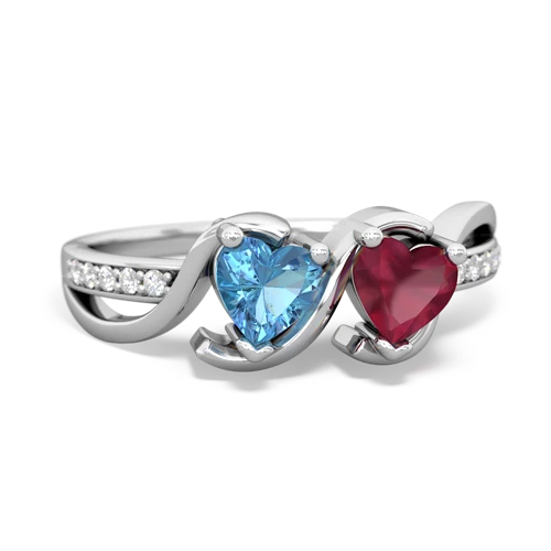 blue topaz-ruby double heart ring