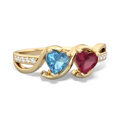 blue topaz-ruby double heart ring