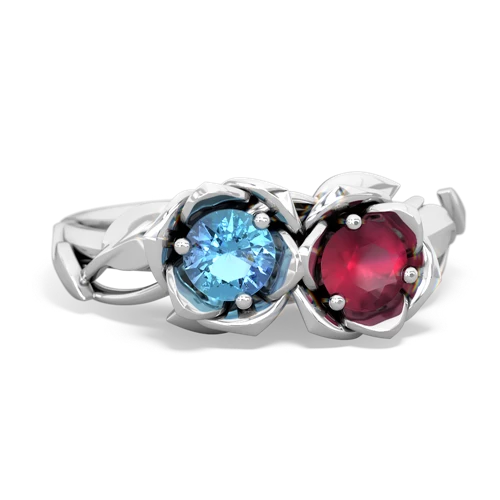 blue topaz-ruby roses ring