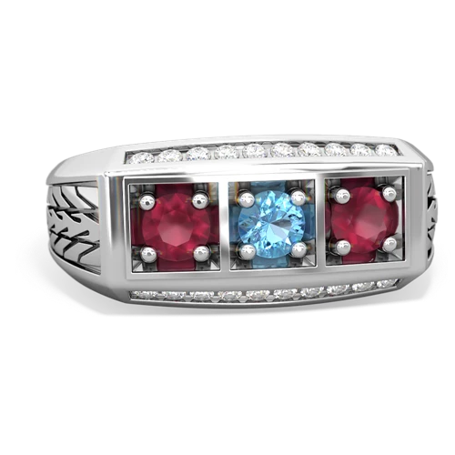 blue topaz-ruby three stone ring