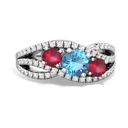 blue topaz-ruby three stone pave ring