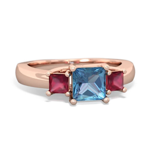 Blue Topaz Genuine Swiss Blue Topaz with Genuine Ruby and Lab Created Alexandrite Three Stone Trellis ring Ring