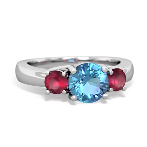 Blue Topaz Genuine Swiss Blue Topaz with Genuine Ruby and Lab Created Pink Sapphire Three Stone Trellis ring Ring
