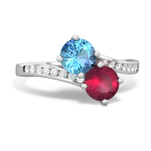 blue topaz-ruby two stone channel ring
