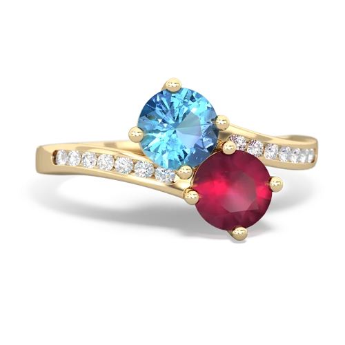 blue topaz-ruby two stone channel ring