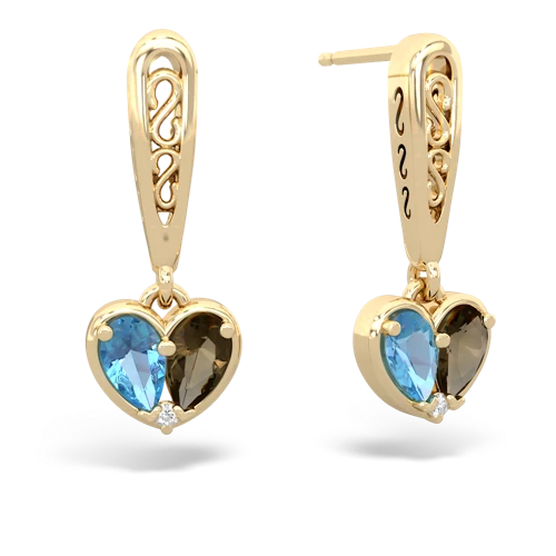 blue topaz-smoky quartz filligree earrings