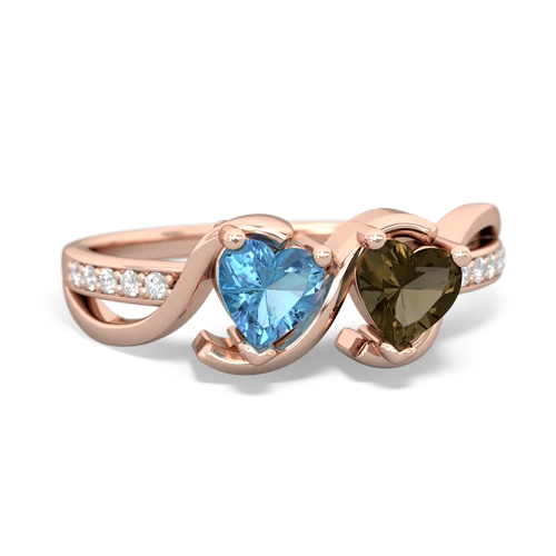 blue topaz-smoky quartz double heart ring