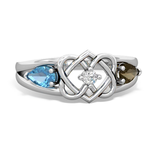 blue topaz-smoky quartz double heart ring