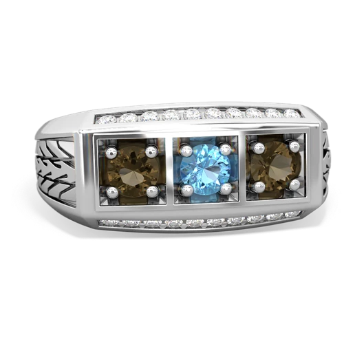 blue topaz-smoky quartz three stone ring