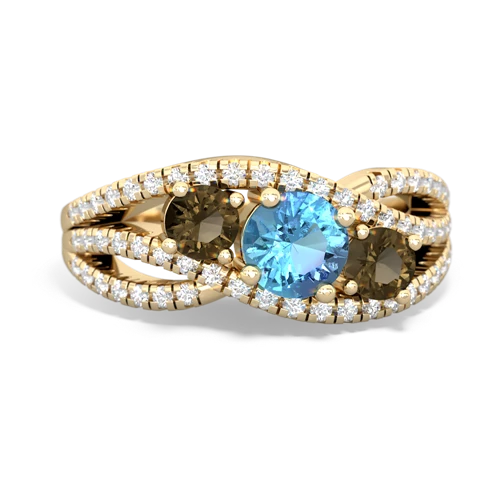 blue topaz-smoky quartz three stone pave ring