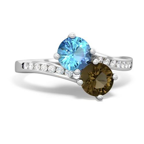 blue topaz-smoky quartz two stone channel ring