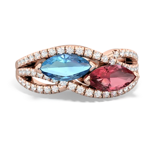 blue topaz-tourmaline double heart ring