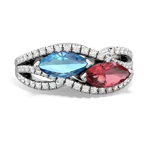 blue topaz-tourmaline double heart ring