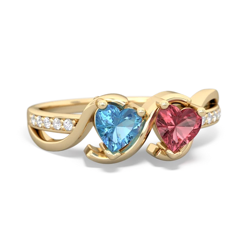 blue topaz-tourmaline double heart ring