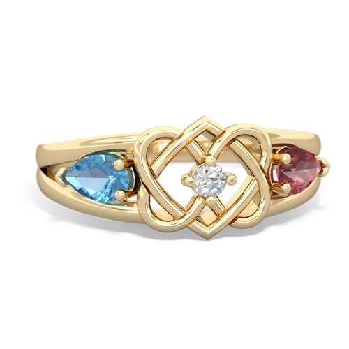 blue topaz-tourmaline double heart ring