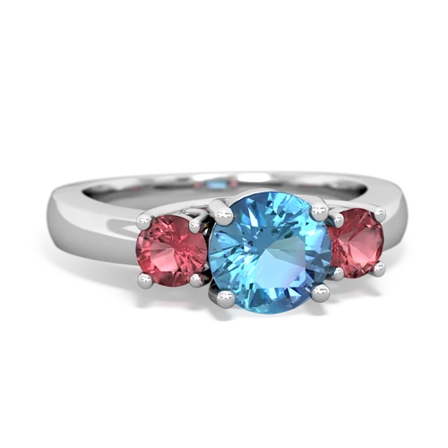 Blue Topaz Genuine Swiss Blue Topaz with Genuine Pink Tourmaline and Genuine Aquamarine Three Stone Trellis ring Ring