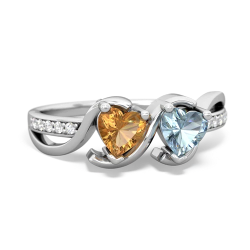 citrine-aquamarine double heart ring