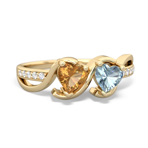 citrine-aquamarine double heart ring