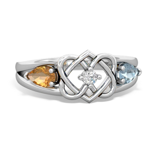 citrine-aquamarine double heart ring