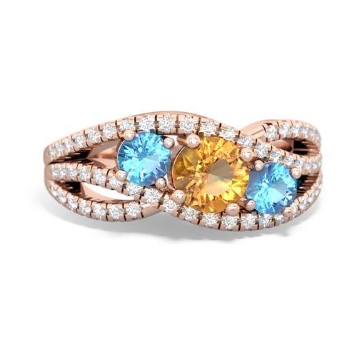 citrine-blue topaz three stone pave ring