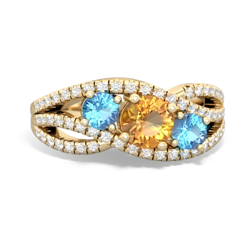 citrine-blue topaz three stone pave ring