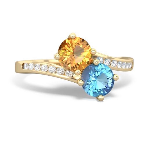citrine-blue topaz two stone channel ring