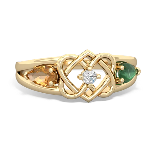 citrine-emerald double heart ring