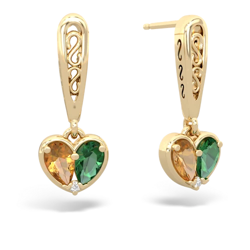 citrine-lab emerald filligree earrings