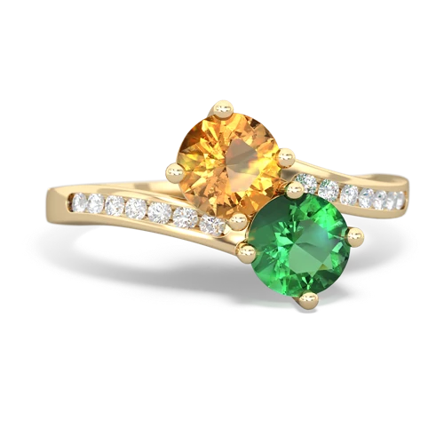 citrine-lab emerald two stone channel ring