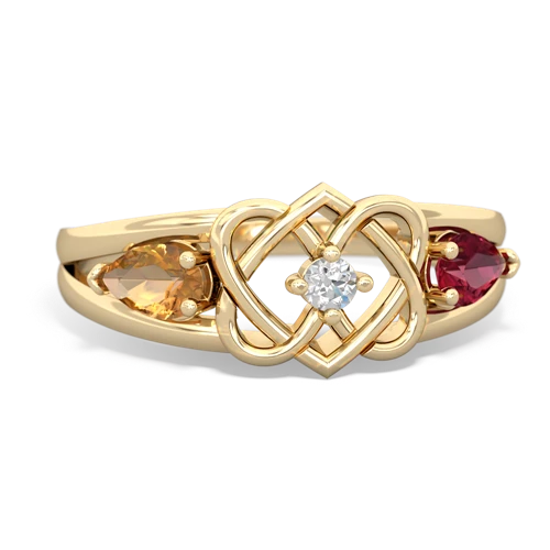 citrine-lab ruby double heart ring