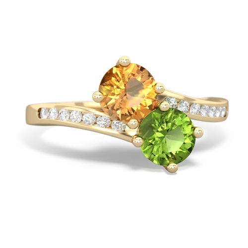 citrine-peridot two stone channel ring