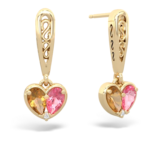 citrine-pink sapphire filligree earrings