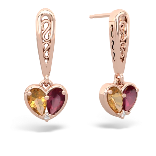citrine-ruby filligree earrings