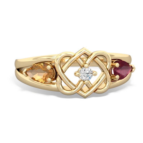 citrine-ruby double heart ring